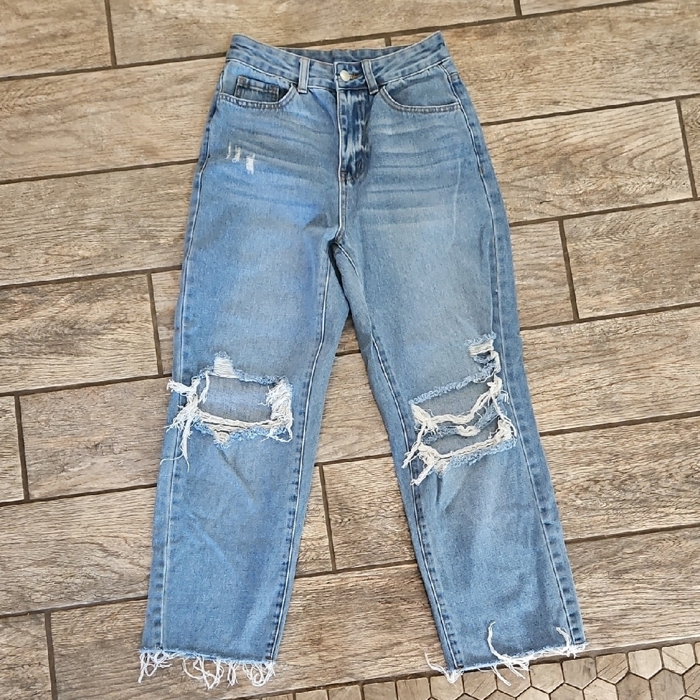 SHEIN Light Blue Distressed Boyfriend Jeans